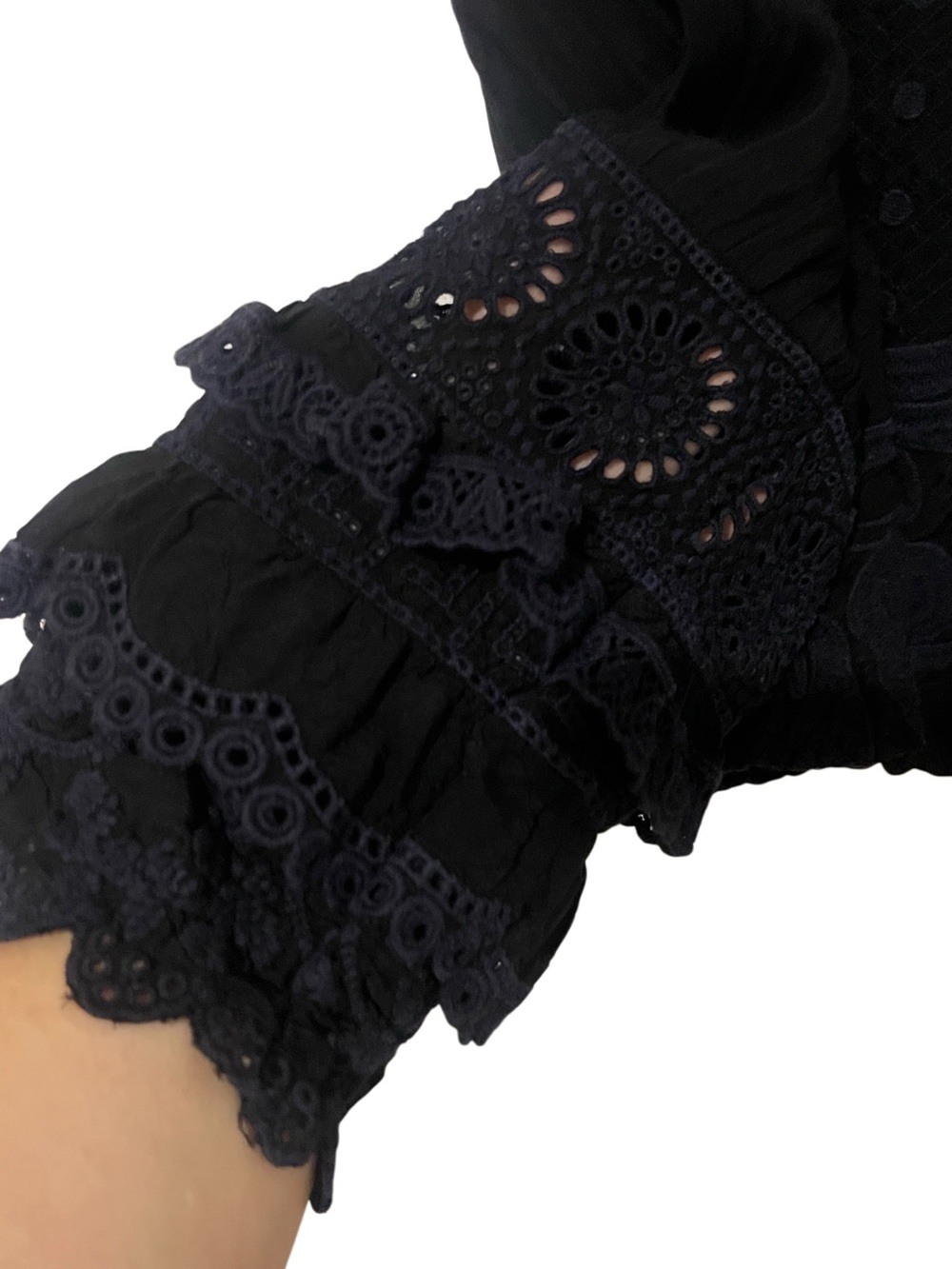 Johnny Was Black Embroidered Lace Blouse Boho Ruffle Sleeve Tie Hem Medium M - Picture 10 of 13